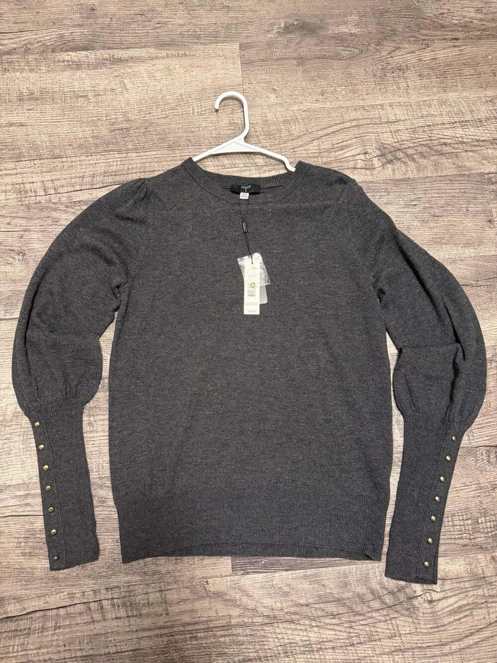 Tahari Cashmere Blend Crew Neck Button Cuff Sweater Chalkboard Heather Medium
